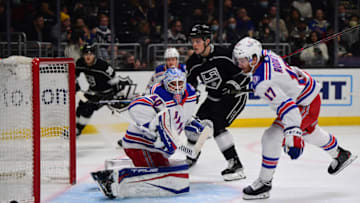 Jan 10, 2022; Los Angeles, California, USA; New York Rangers goaltender Alexandar Georgiev (40) blocks a shot against Los Angeles Kings center Rasmus Kupari (89) during the second period at Crypto.com Arena. Mandatory Credit: Gary A. Vasquez-USA TODAY Sports