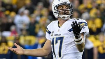 Oct 18, 2015; Green Bay, WI, USA; San Diego Chargers quarterback Philip Rivers (17) reacts after an incomplete pass in the fourth quarter during the game against the Green Bay Packers at Lambeau Field. Mandatory Credit: Benny Sieu-USA TODAY Sports