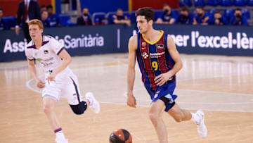 BARCELONA, SPAIN - MARCH 16: Leandro Bolmaro, #9 of FC Barcelona brings the ball up court during the Liga Endesa match between FC Barcelona and Unicaja at Palau Blaugrana on March 16, 2021 in Barcelona, Spain. (Photo by Alex Caparros/Getty Images)