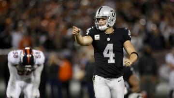 Nov 6, 2016; Oakland, CA, USA; Oakland Raiders quarterback Derek Carr (4) reacts after the Denver Broncos were called for a penalty in the fourth quarter at Oakland Coliseum. The Raiders defeated the Broncos 30-20. Mandatory Credit: Cary Edmondson-USA TODAY Sports