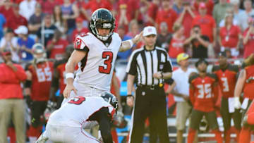 TAMPA, FLORIDA - DECEMBER 30: Matt Bryant #3 of the Atlanta Falcons kicks a 37-yard winning field goal as time expired against the Tampa Bay Buccaneers at Raymond James Stadium on December 30, 2018 in Tampa, Florida. (Photo by Julio Aguilar/Getty Images)