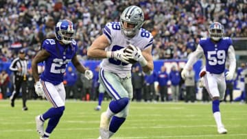 EAST RUTHERFORD, NEW JERSEY - DECEMBER 30: Blake Jarwin #89 of the Dallas Cowboys scores a third quarter touchdown against the New York Giants at MetLife Stadium on December 30, 2018 in East Rutherford, New Jersey. (Photo by Steven Ryan/Getty Images)