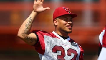 Jun 10, 2014; Tempe, AZ, USA; Arizona Cardinals safety Tyrann Mathieu reacts during mini camp at the teams Tempe training facility. Mandatory Credit: Mark J. Rebilas-USA TODAY Sports