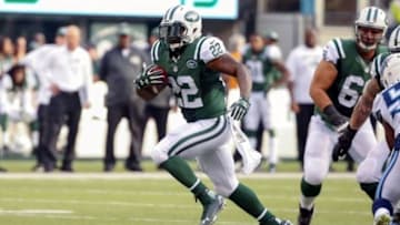 Dec 13, 2015; East Rutherford, NJ, USA; New York Jets running back Stevan Ridley (22) gains yards against the Tennessee Titans at MetLife Stadium. Mandatory Credit: Vincent Carchietta-USA TODAY Sports