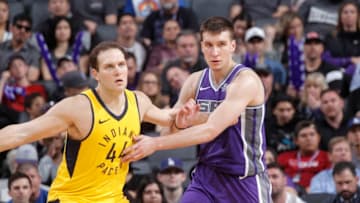 SACRAMENTO, CA - MARCH 29: Bojan Bogdanovic #44 of the Indiana Pacers faces off against Bogdan Bogdanovic #8 of the Sacramento Kings on March 29, 2018 at Golden 1 Center in Sacramento, California. NOTE TO USER: User expressly acknowledges and agrees that, by downloading and or using this photograph, User is consenting to the terms and conditions of the Getty Images Agreement. Mandatory Copyright Notice: Copyright 2018 NBAE (Photo by Rocky Widner/NBAE via Getty Images)