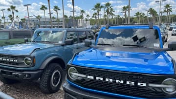 Ford Broncos on the lot at Gary Yeomans Ford Lincoln at the Daytona International Auto Mall on Friday, Sept. 15, 2023. General Manager Jeromie Allan said he has plenty of new Broncos in stock for now, but expressed concern if the UAW strike that began Friday at the Michigan plant that makes them goes for an extended period of time.