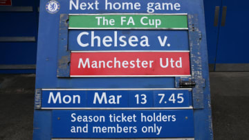 February 25th 2017, Stamford Bridge, Chelsea, London, England; EPL Premier league football, Chelsea versus Swansea City; Billboard advertising FA Cup QF match between Chelsea vs Manchester United (Photo by John Patrick Fletcher/Action Plus via Getty Images)
