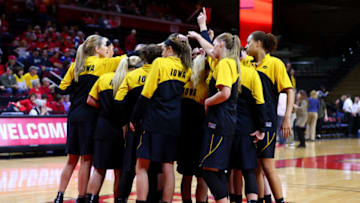 04 JAN 2015: Iowa Hawkeyes huddle up prior the first half of the game between the Rutgers Scarlet Knights and the Iowa Hawkeyes played at The RAC on the campus of Rutgers University. The Iowa Hawkeyes defeated the Rutgers Scarlet Knights 79-72. (Photo by Rich Graessle/Icon Sportswire/Corbis via Getty Images)