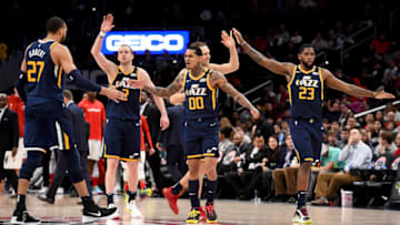 Jordan Clarkson, Joe Ingles, Royce O'Neale, Rudy Gobert, Utah Jazz. (Photo by Will Newton/Getty Images)