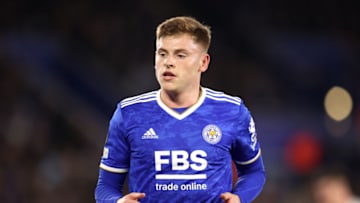 LEICESTER, ENGLAND - MARCH 10: Harvey Barnes of Leicester City during the UEFA Conference League Round of 16 Leg One match between Leicester City and Stade Rennes at on March 10, 2022 in Leicester, England. (Photo by Alex Pantling/Getty Images)