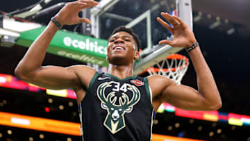 BOSTON, MASSACHUSETTS - DECEMBER 21: Giannis Antetokounmpo #34 of the Milwaukee Bucks reacts to a foul called against him during the game against the Boston Celtics at TD Garden on December 21, 2018 in Boston, Massachusetts. NOTE TO USER: User expressly acknowledges and agrees that, by downloading and or using this photograph, User is consenting to the terms and conditions of the Getty Images License Agreement. (Photo by Maddie Meyer/Getty Images)