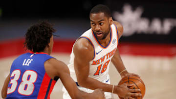 Apr 3, 2021; Detroit, Michigan, USA; New York Knicks guard Alec Burks (18) gets defended by Detroit Pistons guard Saben Lee (38) during the second quarter at Little Caesars Arena. Mandatory Credit: Raj Mehta-USA TODAY Sports