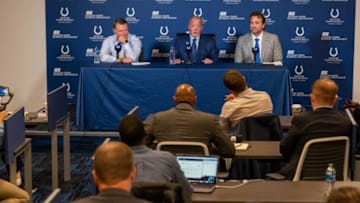 Media members talk with Chris Ballard, general manager, Jim Irsay, owner, and new interim head coach Jeff Saturday, on Monday, Nov. 7, 2022, during a press conference at the Colts headquarters in Indianapolis.
