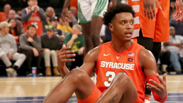 NEW YORK, NEW YORK - NOVEMBER 16: Elijah Hughes #33 of the Syracuse Orange reacts to a call in the second half against the Oregon Ducks during the 2K Empire Classic at Madison Square Garden on November 16, 2018 in New York City.The Oregon Ducks defeated the Syracuse Orange 80-65. (Photo by Elsa/Getty Images)