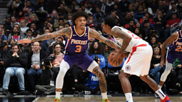 LOS ANGELES, CA - DECEMBER 17: Kelly Oubre Jr. #3 of the Phoenix Suns plays defense against the LA Clippers on December 17, 2019 at STAPLES Center in Los Angeles, California. NOTE TO USER: User expressly acknowledges and agrees that, by downloading and/or using this Photograph, user is consenting to the terms and conditions of the Getty Images License Agreement. Mandatory Copyright Notice: Copyright 2019 NBAE (Photo by Andrew D. Bernstein/NBAE via Getty Images)