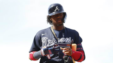 FORT MYERS, FLORIDA - MARCH 01: Ronald Acuna Jr. #13 of the Atlanta Braves in action against the Boston Red Sox during a Grapefruit League spring training game at JetBlue Park at Fenway South on March 01, 2020 in Fort Myers, Florida. (Photo by Michael Reaves/Getty Images)