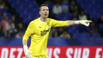 LYON, FRANCE - JULY 16: Goalkeeper of Glasgow Rangers Jon McLaughlin during the Veolia Trophy friendly match between Olympique Lyonnais and Glasgow Rangers at Groupama Stadium on July 16, 2020 in Decines near Lyon, France. (Photo by Jean Catuffe/Getty Images)