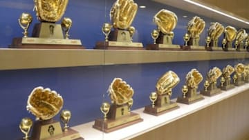 Apr 29, 2013; Los Angeles, CA, USA; General view of Los Angeles Dodgers golden glove trophies before the game against the Colorado Rockies at Dodger Stadium. Mandatory Credit: Kirby Lee-USA TODAY Sports