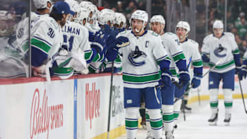 Oct 20, 2022; Saint Paul, Minnesota, USA; Vancouver Canucks center Bo Horvat (53) celebrates his goal against the Minnesota Wild during the first period at Xcel Energy Center. Mandatory Credit: Matt Krohn-USA TODAY Sports