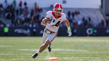 Georgia Bulldogs wide receiver Ladd McConkey (84) catches a touchdown pass against the Georgia Tech Yellow Jackets in the second quarter at Bobby Dodd Stadium. Mandatory Credit: Brett Davis-USA TODAY Sports