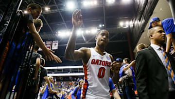 Nov 11, 2016; Jacksonville, FL, USA; Florida Gators guard Kasey Hill (0) waves to the crowd following a game against the Florida Gulf Coast Eagles at Jacksonville Veterans Memorial Arena. Florida Gators 80-59. Mandatory Credit: Logan Bowles-USA TODAY Sports