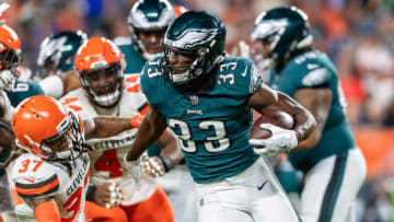 CLEVELAND, OH - AUGUST 23: Running back Josh Adams #33 of the Philadelphia Eagles runs for a gain during the second half of a preseason game against the Cleveland Browns at FirstEnergy Stadium on August 23, 2018 in Cleveland, Ohio. The Browns defeated the Eagles 5-0. (Photo by Jason Miller/Getty Images)