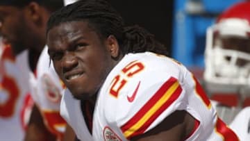 Sep 14, 2014; Denver, CO, USA; Kansas City Chiefs running back Jamaal Charles (25) on the bench before the first half against the Denver Broncos at Sports Authority Field at Mile High. Mandatory Credit: Chris Humphreys-USA TODAY Sports