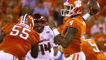Oct 1, 2016; Clemson, SC, USA; Clemson Tigers quarterback Deshaun Watson (4) looks to pass the ball during the third quarter against the Louisville Cardinals at Clemson Memorial Stadium. Mandatory Credit: Joshua S. Kelly-USA TODAY Sports