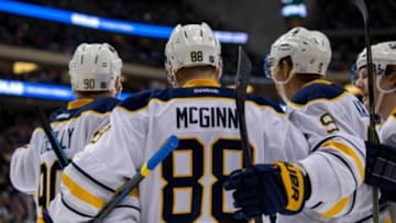 Jan 12, 2016; Saint Paul, MN, USA; Buffalo Sabres forward Jamie McGinn (88) celebrates his goal in the first period against the Minnesota Wild at Xcel Energy Center. Mandatory Credit: Brad Rempel-USA TODAY Sports