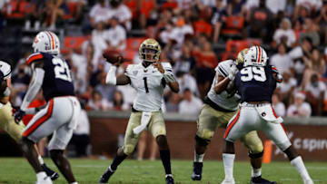 Sep 4, 2021; Auburn, Alabama, USA; Akron Zips quarterback Kato Nelson (1) throws a pass during the second quarter against the Auburn Tigers at Jordan-Hare Stadium. Mandatory Credit: John Reed-USA TODAY Sports