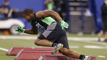 Feb 28, 2016; Indianapolis, IN, USA; Ohio State Buckeyes linebacker Darron Lee participates in workout drills during the 2016 NFL Scouting Combine at Lucas Oil Stadium. Mandatory Credit: Brian Spurlock-USA TODAY Sports