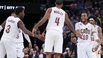 Evan Mobley, Caris LeVert and Darius Garland, Cleveland Cavaliers. Photo by Justin Ford/Getty Images