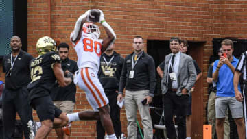 Clemson wide receiver Beaux Collins (80) catches a pass for a touchdown during the first of two overtimes at Truist Field in Winston-Salem, North Carolina Saturday, September 24, 2022.Ncaa Football Clemson At Wake Forest