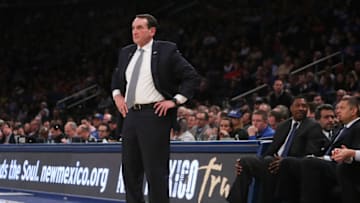 NEW YORK, NY - DECEMBER 06: Head coach Mike Krzyzewski of the Duke Blue Devils reacts against the Florida Gators in the second half during the Jimmy V Classic at Madison Square Garden on December 6, 2016 in New York City. (Photo by Michael Reaves/Getty Images)