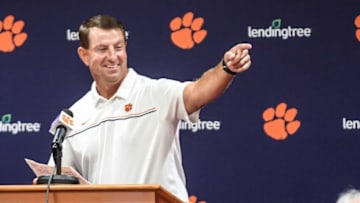 Clemson head coach Dabo Swinney talks with media during midweek interviews in Clemson, SC Thursday, September 1, 2022.2022 Clemson Football Coach Dabo Swinney