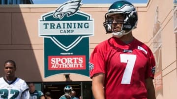 Aug 2, 2015; Philadelphia, PA, USA; Philadelphia Eagles quarterback Sam Bradford (7) walks onto the field to start begin training camp at NovaCare Complex. Mandatory Credit: Bill Streicher-USA TODAY Sports