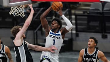 Minnesota Timberwolves guard Anthony Edwards shoots against the San Antonio Spurs. Mandatory Credit: Daniel Dunn-USA TODAY Sports