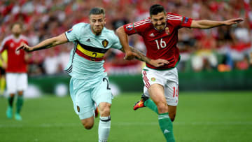 TOULOUSE, FRANCE - JUNE 26: Toby Alderweireld of Belgium and Adam Pinter of Hungary compete for the ball during the UEFA EURO 2016 round of 16 match bewtween Hungary and Belgium at Stadium Municipal on June 26, 2016 in Toulouse, France. (Photo by Dennis Grombkowski/Getty Images)
