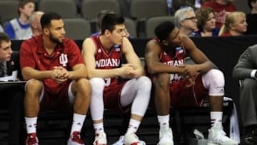 Mar 20, 2015; Omaha, NE, USA; Indiana Hoosiers players react from the bench during the second half in the second round of the 2015 NCAA Tournament against the Wichita State Shockers at CenturyLink Center. Mandatory Credit: Steven Branscombe-USA TODAY Sports
