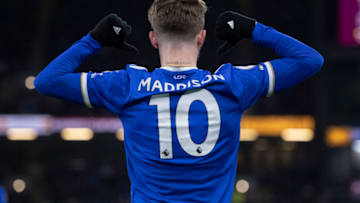BURNLEY, ENGLAND - MARCH 01: James Maddison of Leicester City celebrates scoring his team's first goal during the Premier League match between Burnley and Leicester City at Turf Moor on March 1, 2022 in Burnley, United Kingdom. (Photo by Joe Prior/Visionhaus via Getty Images)