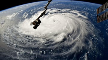 ATLANTIC OCEAN - SEPTEMBER 10: In this NASA handout image taken by Astronaut Ricky Arnold, Hurricane Florence gains strength in the Atlantic Ocean as it moves west, seen from the International Space Station on September 10, 2018. Weather predictions say the storm will likely hit the U.S. East Coast as early as Thursday, September 13 bringing massive winds and rain. (Photo by NASA via Getty Images)