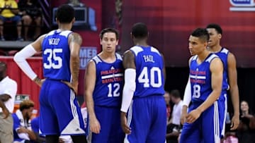 Jul 12, 2016; Las Vegas, NV, USA; Philadelphia 76ers players get together during a stoppage in play in the second half of an NBA Summer League game against the Golden State Warriors at Thomas & Mack Center. Mandatory Credit: Stephen R. Sylvanie-USA TODAY Sports