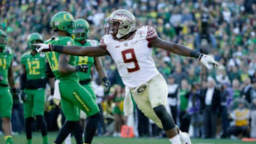 PASADENA, CA - JANUARY 01: Running back Karlos Williams #9 of the Florida State Seminoles reacts after scoring against the Oregon Ducks in the second quarter of the College Football Playoff Semifinal at the Rose Bowl Game presented by Northwestern Mutual at the Rose Bowl on January 1, 2015 in Pasadena, California. (Photo by Jeff Gross/Getty Images)