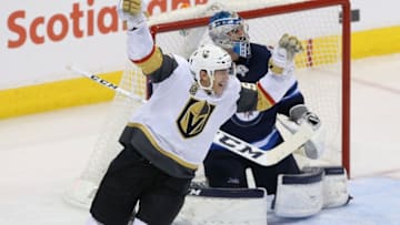 WINNIPEG, MB - MAY 20: Tomas Nosek #92 of the Vegas Golden Knights celebrates a second period goal by Ryan Reaves #75 (not pictured) against the Winnipeg Jets in Game Five of the Western Conference Finals during the 2018 NHL Stanley Cup Playoffs at Bell MTS Place on May 20, 2018 in Winnipeg, Canada. (Photo by Jason Halstead/Getty Images)
