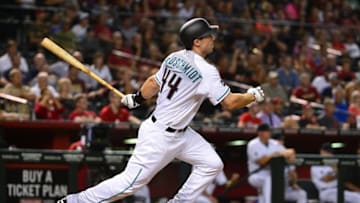 Apr 5, 2016; Phoenix, AZ, USA; Arizona Diamondbacks first baseman Paul Goldschmidt (44) triples to deep right field driving in three run against the Colorado Rockies in the seventh inning at Chase Field. Mandatory Credit: Jennifer Stewart-USA TODAY Sports