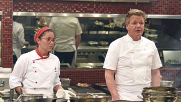 HELL'S KITCHEN: L-R: Chef/host Gordon Ramsay and contestant Kori in the "There's Something About Marc” episode of HELL'S KITCHEN airing Thursday, March 11 (8:00-9:00 PM ET/PT) on FOX. CR: Scott Kirkland / FOX. © 2021 FOX MEDIA LLC.