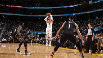 SAN FRANCISCO, CA - DECEMBER 25: Russell Westbrook #0 of the Houston Rockets shoots the ball against the Golden State Warriors on December 25, 2019 at Chase Center in San Francisco, California. NOTE TO USER: User expressly acknowledges and agrees that, by downloading and or using this photograph, user is consenting to the terms and conditions of Getty Images License Agreement. Mandatory Copyright Notice: Copyright 2019 NBAE (Photo by David Sherman/NBAE via Getty Images)