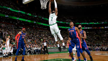 BOSTON, MA - NOVEMBER 27: Jaylen Brown #7 of the Boston Celtics dunks the ball against the Detroit Pistons on November 27, 2017 at the TD Garden in Boston, Massachusetts. NOTE TO USER: User expressly acknowledges and agrees that, by downloading and/or using this photograph, user is consenting to the terms and conditions of the Getty Images License Agreement. Mandatory Copyright Notice: Copyright 2017 NBAE (Photo by Brian Babineau/NBAE via Getty Images)