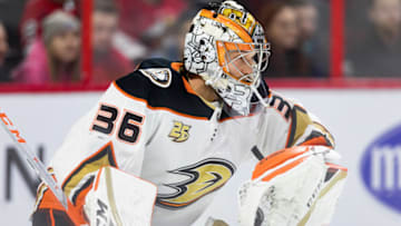 OTTAWA, ON - FEBRUARY 07: Anaheim Ducks Goalie John Gibson (36) makes a save during warm-up before National Hockey League action between the Anaheim Ducks and Ottawa Senators on February 7, 2019, at Canadian Tire Centre in Ottawa, ON, Canada. (Photo by Richard A. Whittaker/Icon Sportswire via Getty Images)