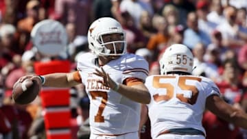 Oct 8, 2016; Dallas, TX, USA; Texas Longhorns quarterback Shane Buechele (7) throws a pass in the second quarter against the Oklahoma Sooners at Cotton Bowl. Mandatory Credit: Tim Heitman-USA TODAY Sports